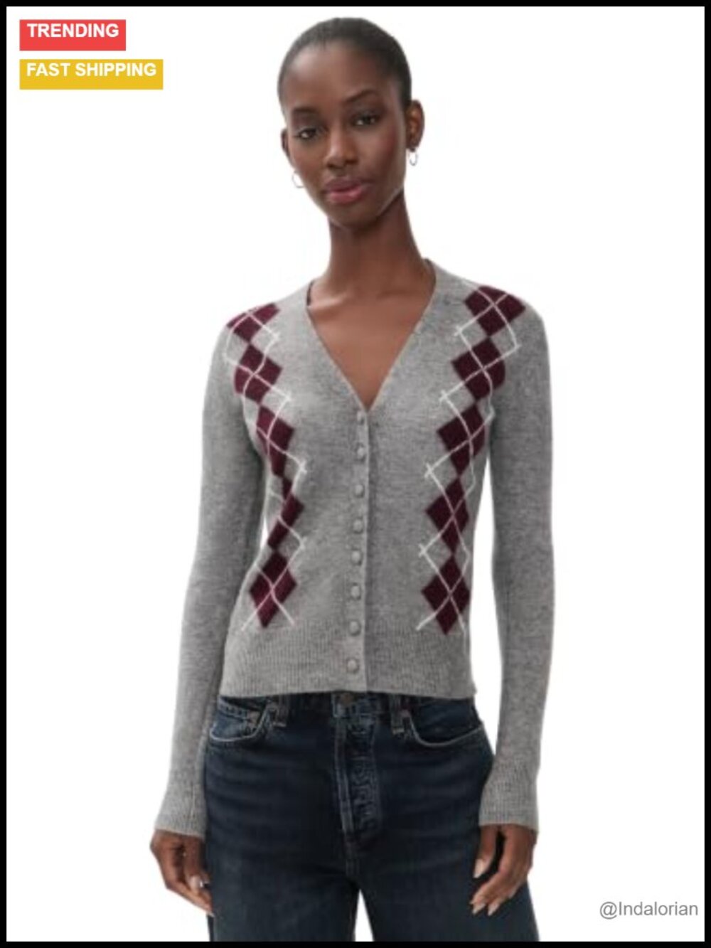 WAYF Women's Elizabeth Argyle Cardigan 100% Cotton Long Sleeve V-Neck